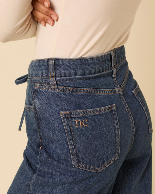 High Rise Tie Waist Wide Leg Jeans - Dark Blue