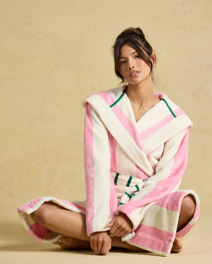 Luna Pink/Cream Stripe Hooded Fleece Dressing Gown