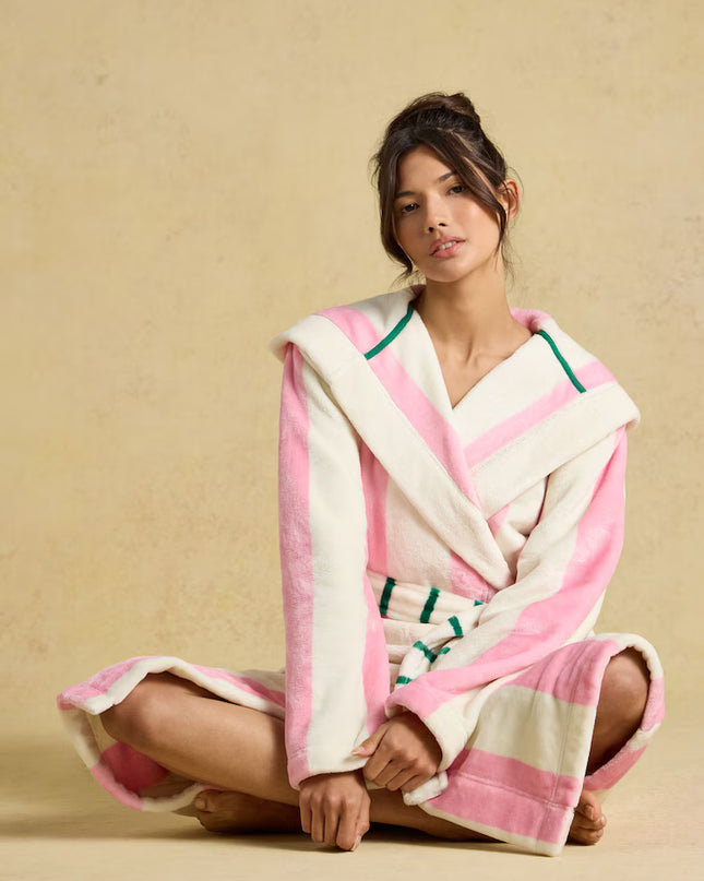 Luna Pink/Cream Stripe Hooded Fleece Dressing Gown