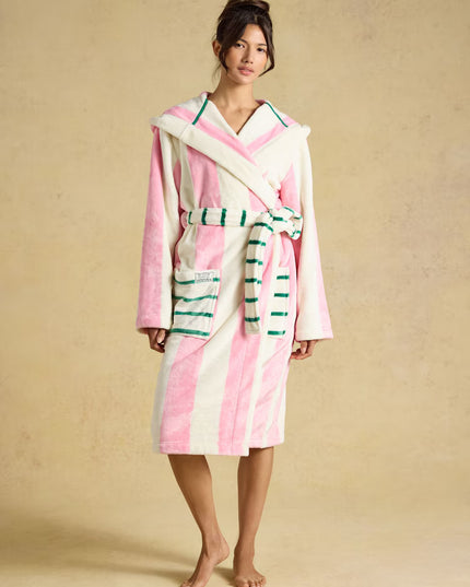 Luna Pink/Cream Stripe Hooded Fleece Dressing Gown