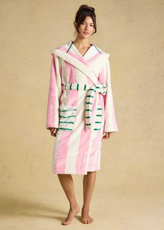 Luna Pink/Cream Stripe Hooded Fleece Dressing Gown