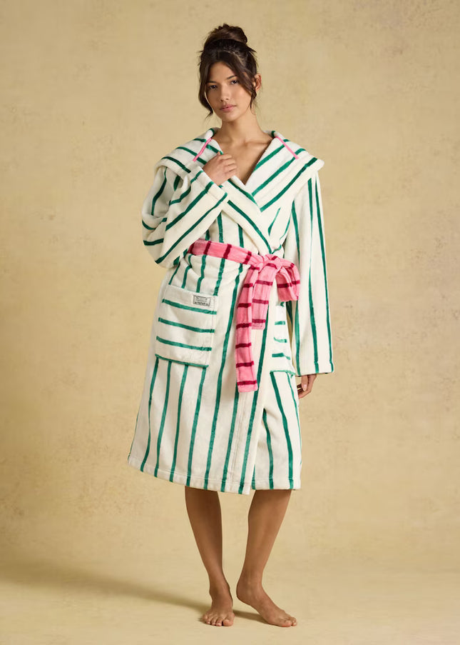 Luna Green/White Stripe Hooded Fleece Dressing Gown