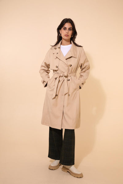 Mid-Length Belted Trench Coat - Beige