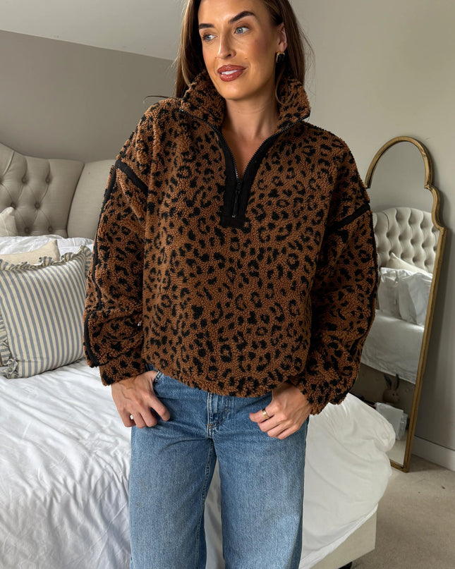 Lulu Contrast Binding 1/4 Zip Fleece - Leopard