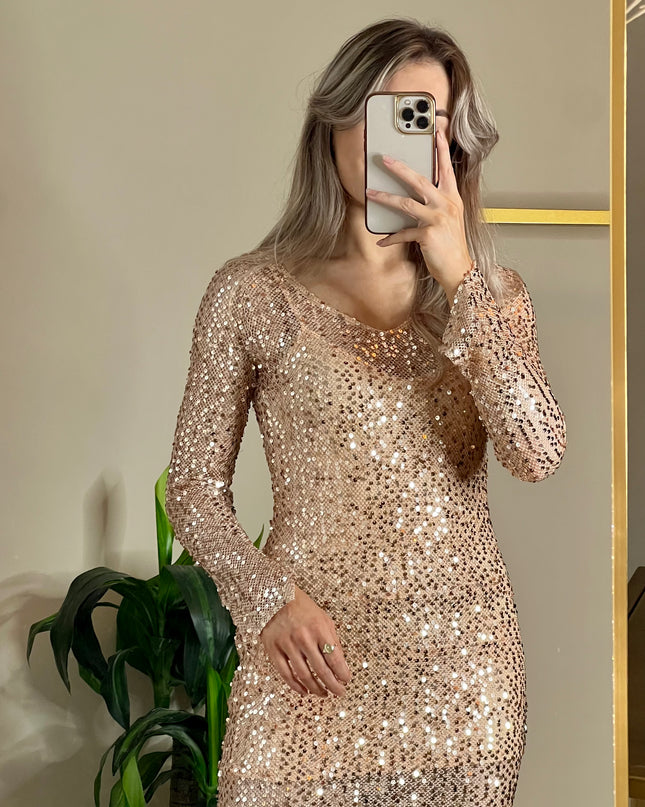 Ria Long Sleeve Sequin Midi Dress - Rose Gold