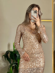 Ria Long Sleeve Sequin Midi Dress - Rose Gold