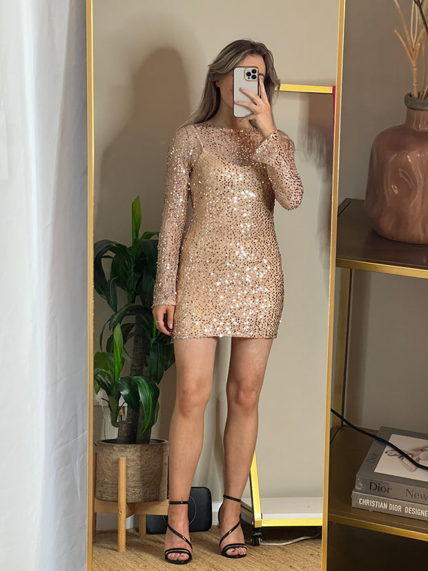 Ria Long Sleeve Sequin Short Dress - Rose Gold