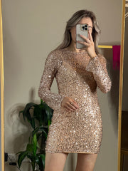 Ria Long Sleeve Sequin Short Dress - Rose Gold