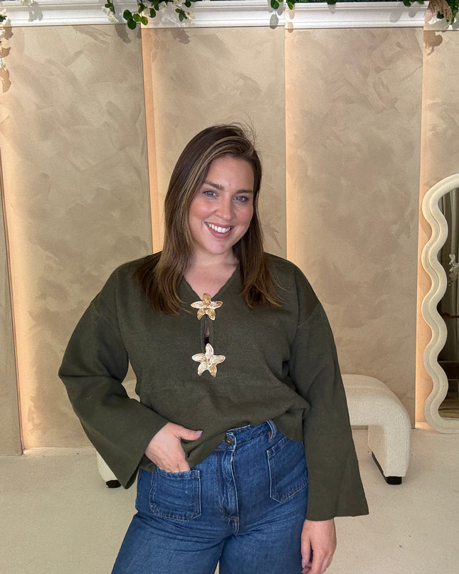 Knit Smock Brooch Top - Khaki