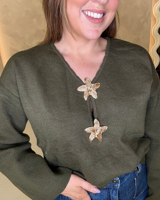 Knit Smock Brooch Top - Khaki