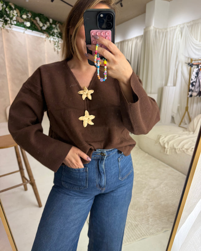 Knit Smock Brooch Top - Coffee