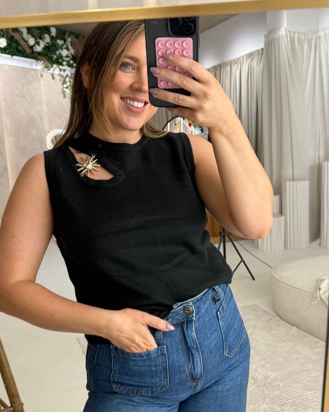 Cut Out Fine Knit Top - Black