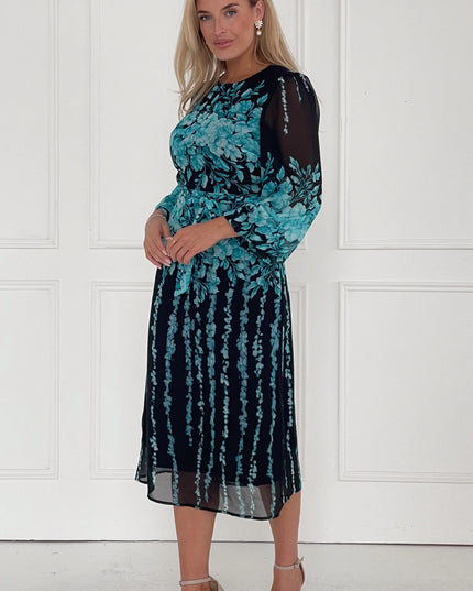 Harlow Floral Belted Long Sleeve Midi Dress- Blue