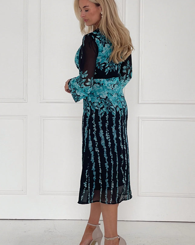 Harlow Floral Belted Long Sleeve Midi Dress- Blue