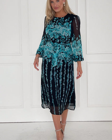 Harlow Floral Belted Long Sleeve Midi Dress- Blue