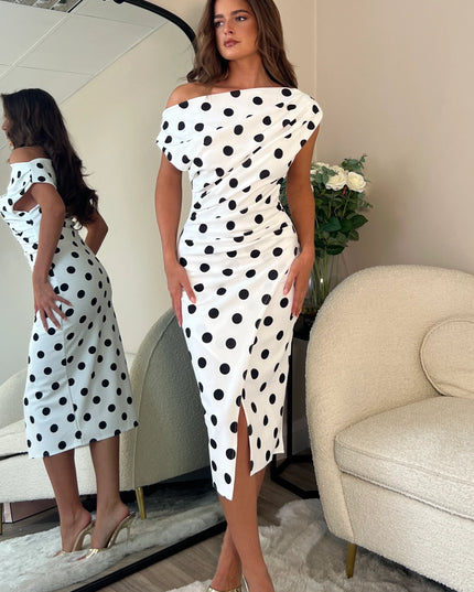 Ariana Asymmetric Neckline Midi Dress - White Spot