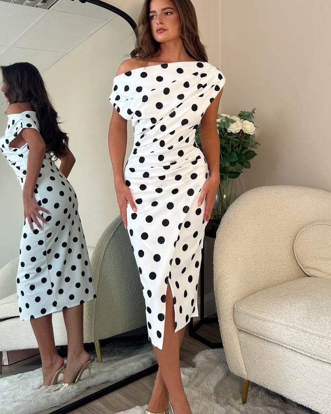 Ariana Asymmetric Neckline Midi Dress - White Spot