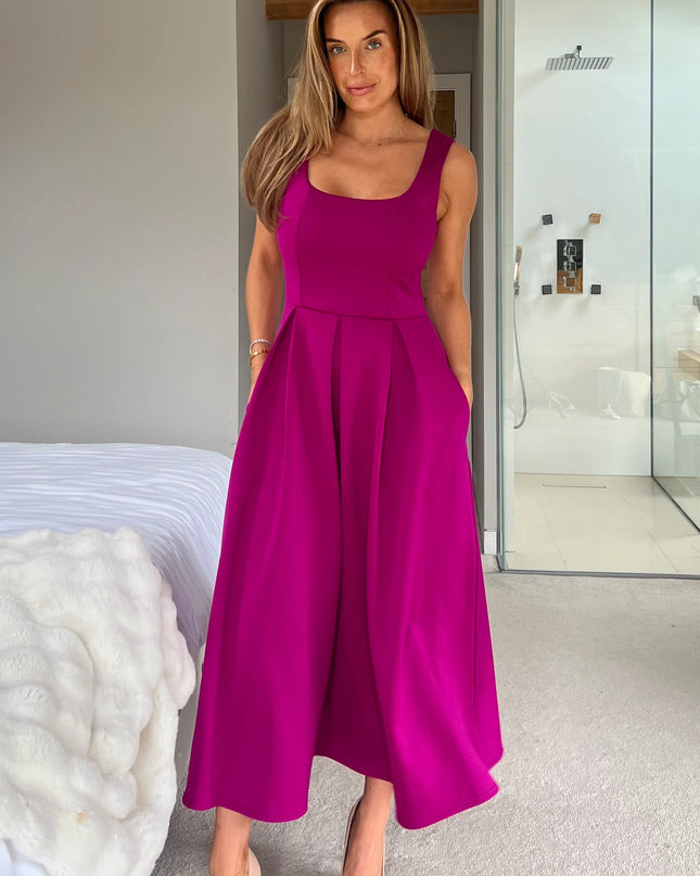 Erica Square Neck Pleated Midi Dress - Purple