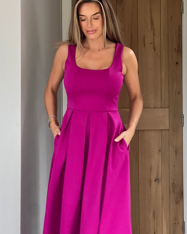 Erica Square Neck Pleated Midi Dress - Purple