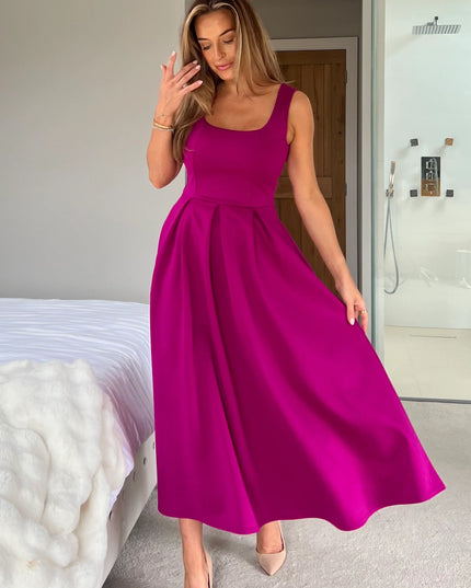 Erica Square Neck Pleated Midi Dress - Purple