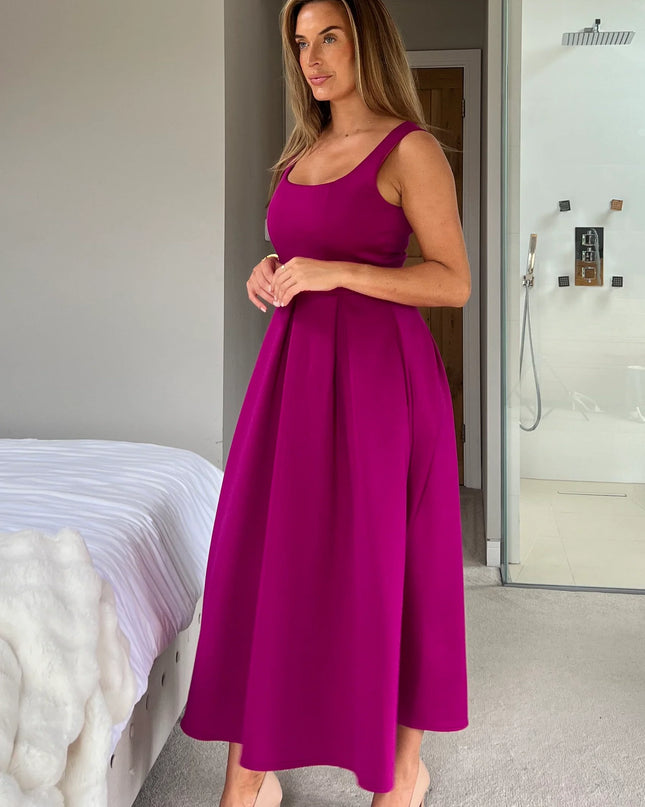 Erica Square Neck Pleated Midi Dress - Purple