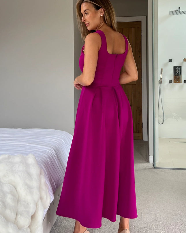 Erica Square Neck Pleated Midi Dress - Purple