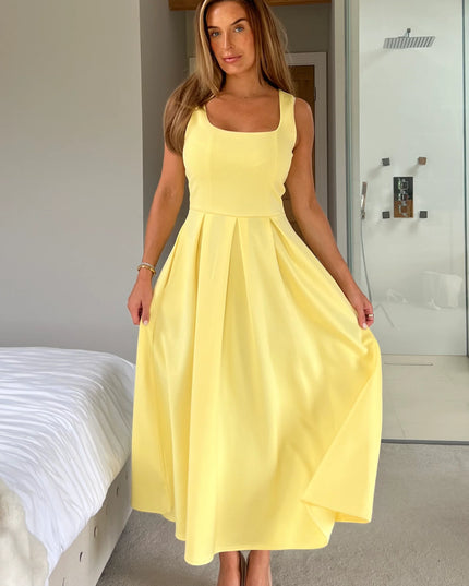 Erica Square Neck Pleated Midi Dress - Yellow