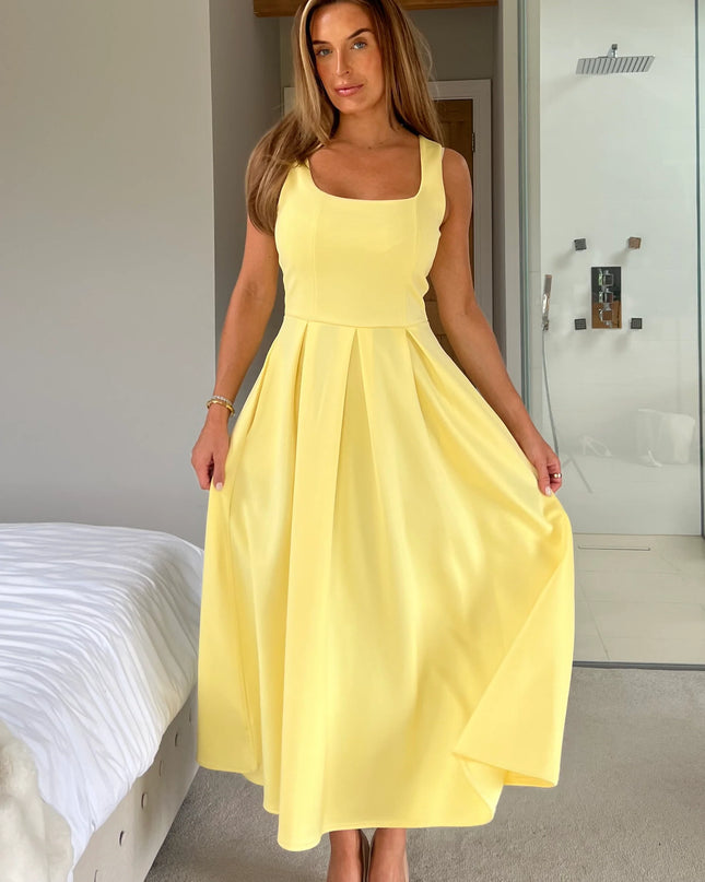 Erica Square Neck Pleated Midi Dress - Yellow