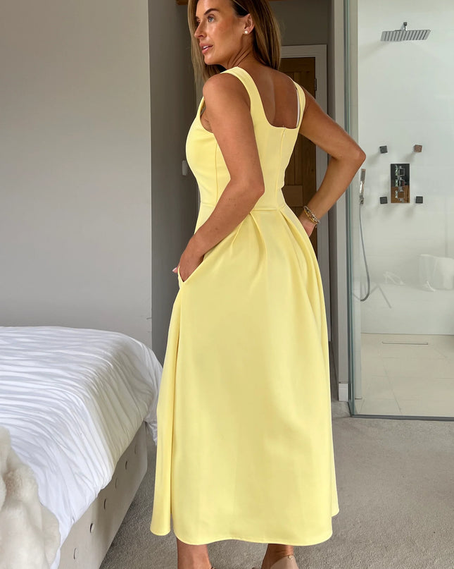 Erica Square Neck Pleated Midi Dress - Yellow