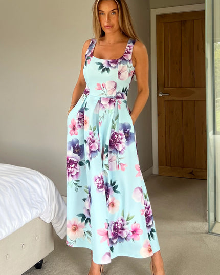 Erica Square Neck Pleated Midi Dress - Blue Floral