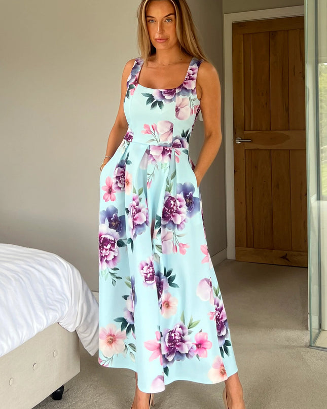 Erica Square Neck Pleated Midi Dress - Blue Floral