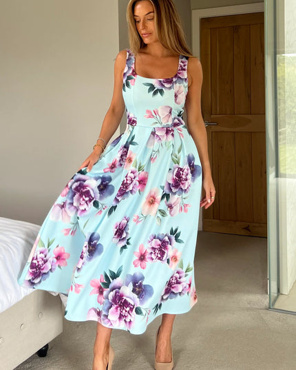 Erica Square Neck Pleated Midi Dress - Blue Floral