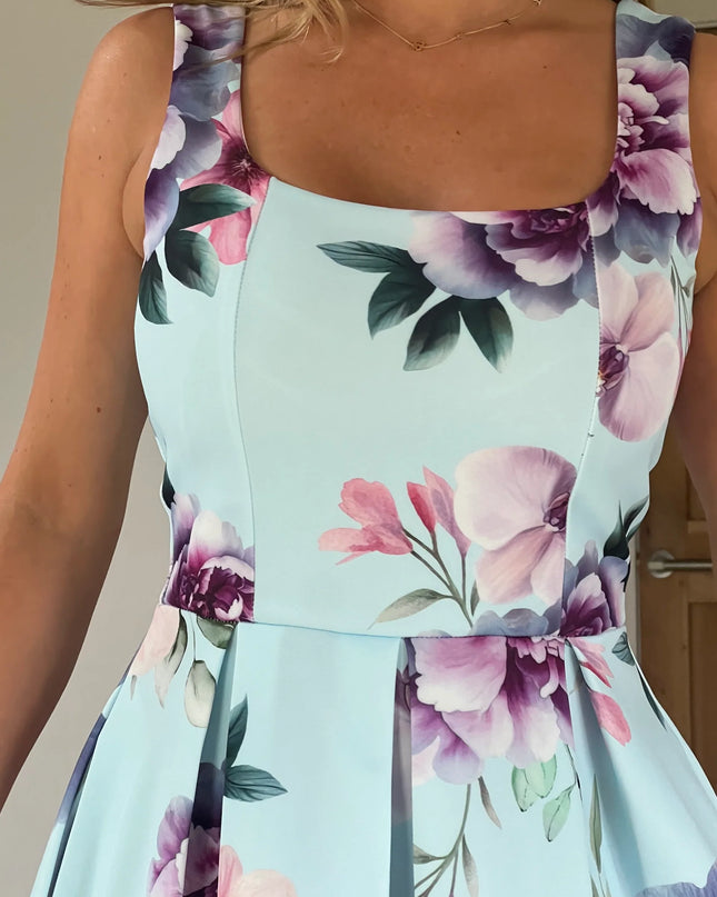 Erica Square Neck Pleated Midi Dress - Blue Floral