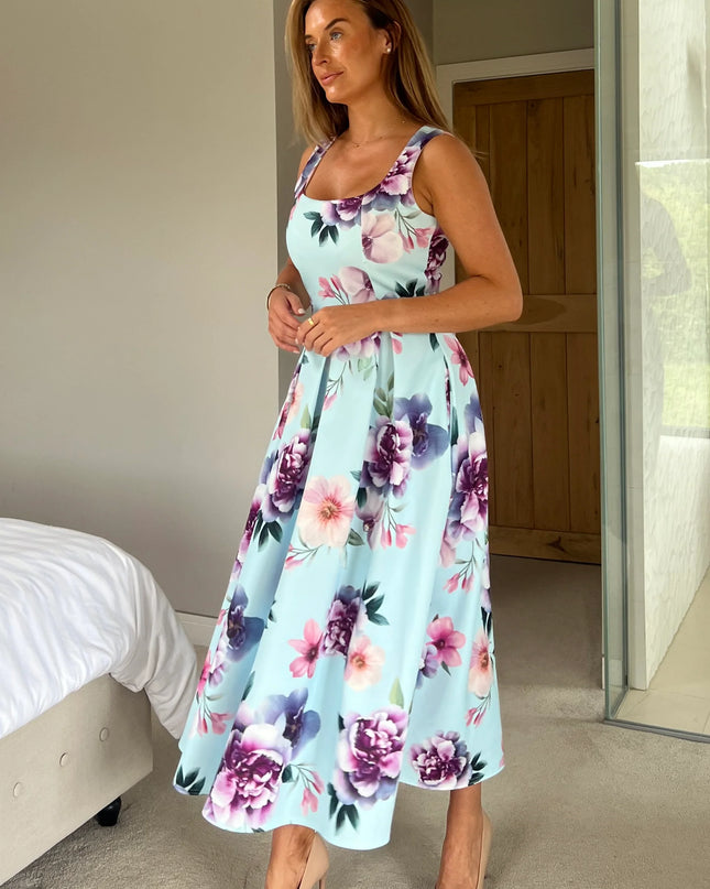 Erica Square Neck Pleated Midi Dress - Blue Floral