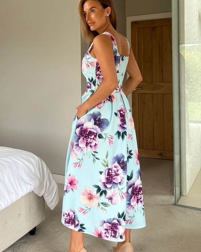 Erica Square Neck Pleated Midi Dress - Blue Floral