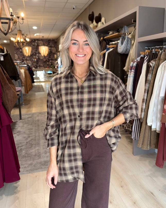 Plaid Flannel Shirt - Brown/White
