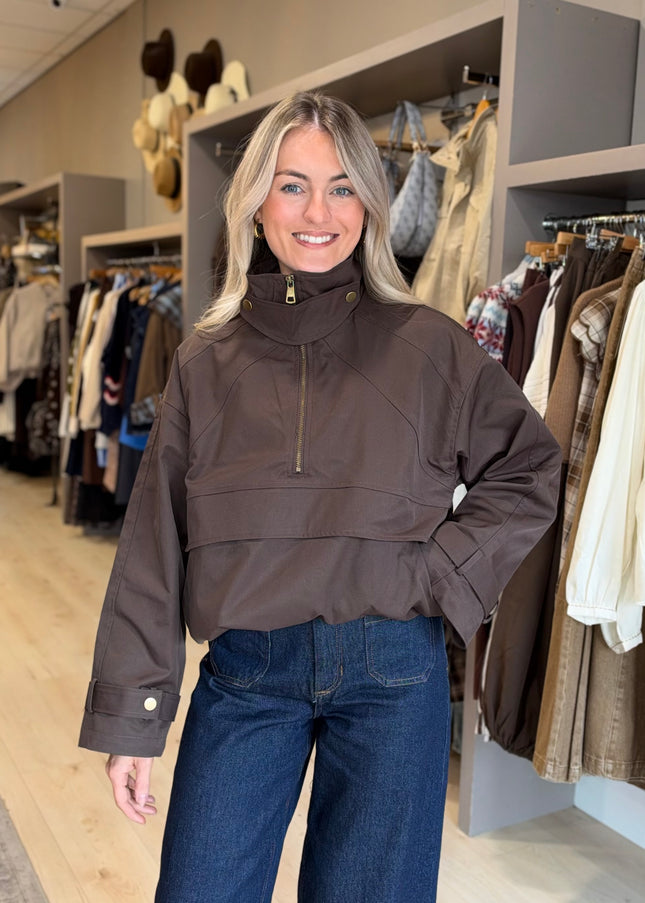 Half Zip Funnel Neck Jacket - Brown