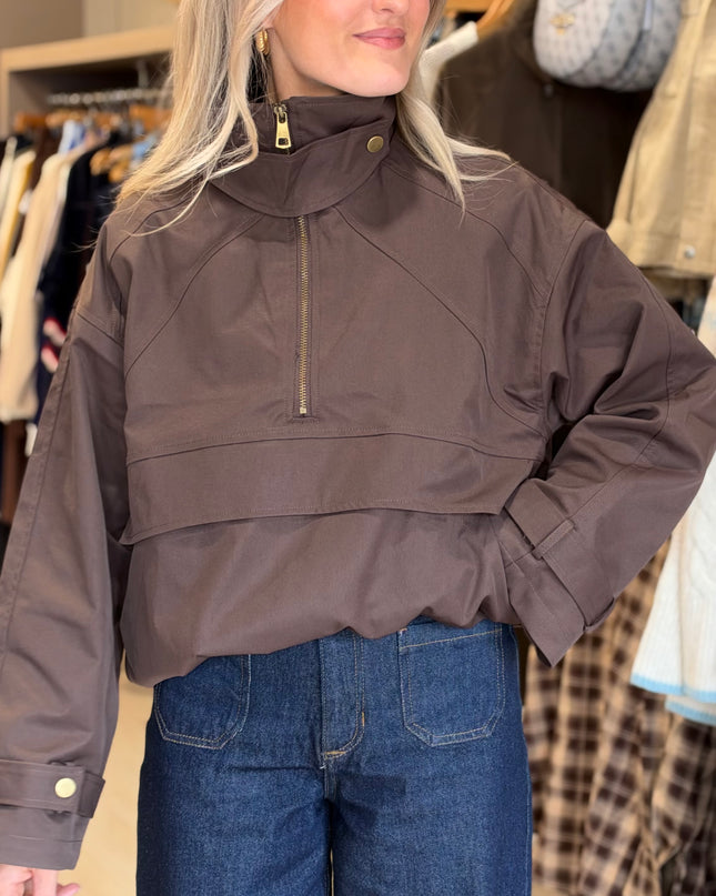 Half Zip Funnel Neck Jacket - Brown