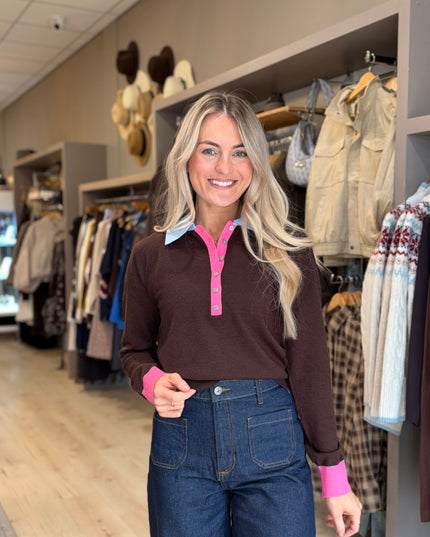 Contrast Collar Knit - Brown/Blue/Pink