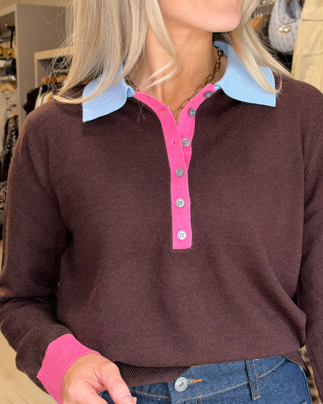 Contrast Collar Knit - Brown/Blue/Pink