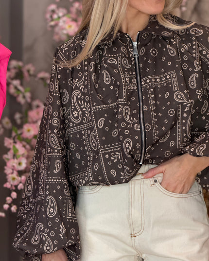 Balloon Sleeve Bomber - Brown Paisley