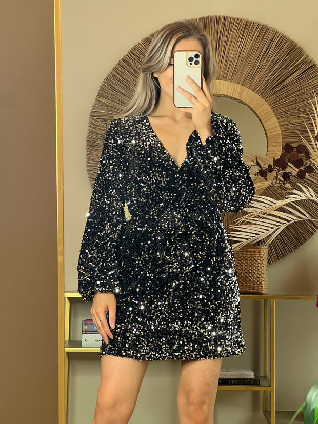 Carrie Velvet Sequin Mini Dress - Black