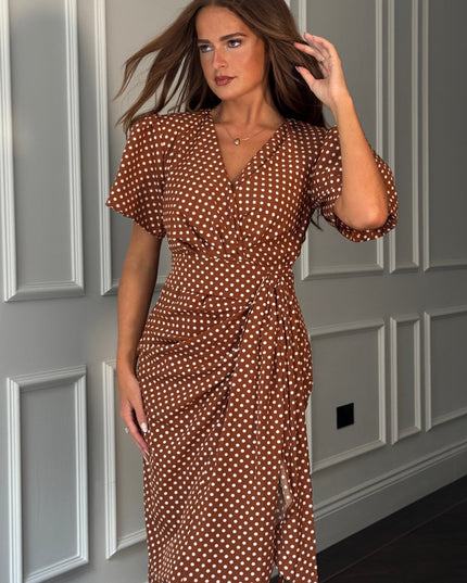 Drew Puff Sleeve Wrap Front Midi Dress - Brown Spot