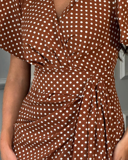 Drew Puff Sleeve Wrap Front Midi Dress - Brown Spot