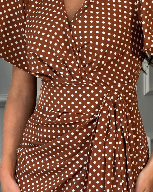 Drew Puff Sleeve Wrap Front Midi Dress - Brown Spot