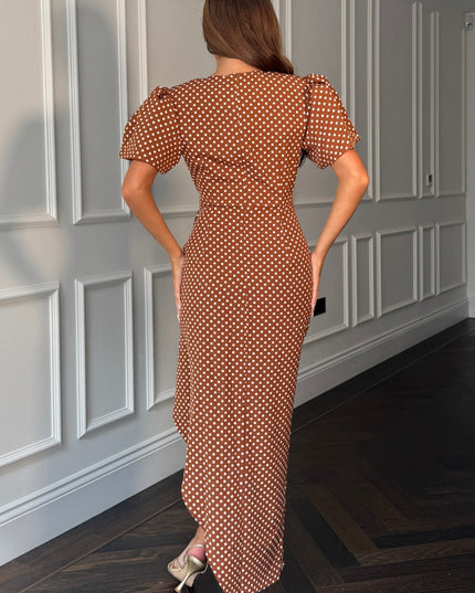 Drew Puff Sleeve Wrap Front Midi Dress - Brown Spot