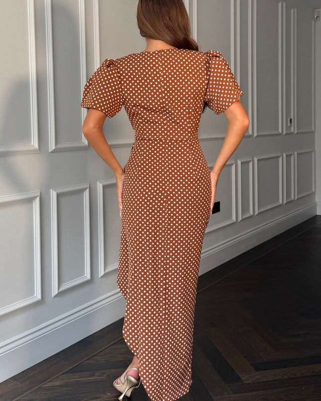 Drew Puff Sleeve Wrap Front Midi Dress - Brown Spot