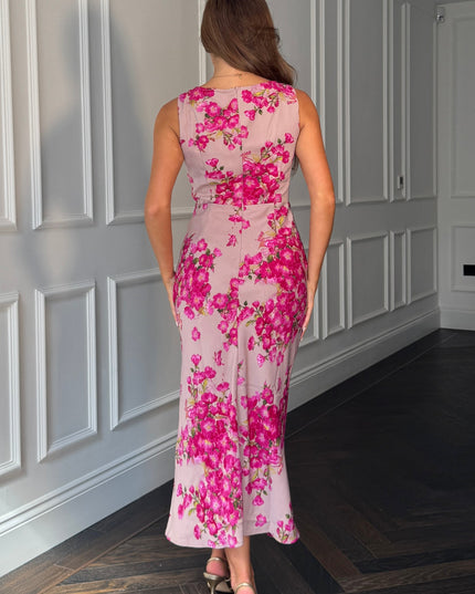 Bay Boat Neck Keyhole Detail Midi Dress - Pink Floral