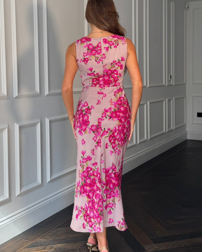 Bay Boat Neck Keyhole Detail Midi Dress - Pink Floral