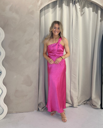 One Shoulder Satin Midi Dress - Fuchsia Pink